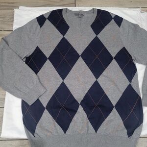 Men's Grey and Navy Argyle V-Neck Sweater